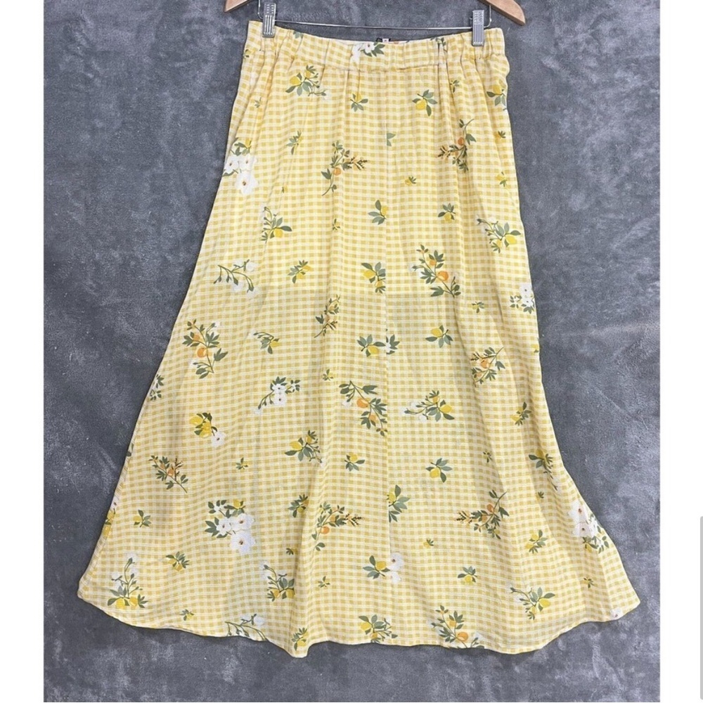 BCBGeneration - Yellow Lemon Gingham Cottagecore Maxi Skirt with Side Slit